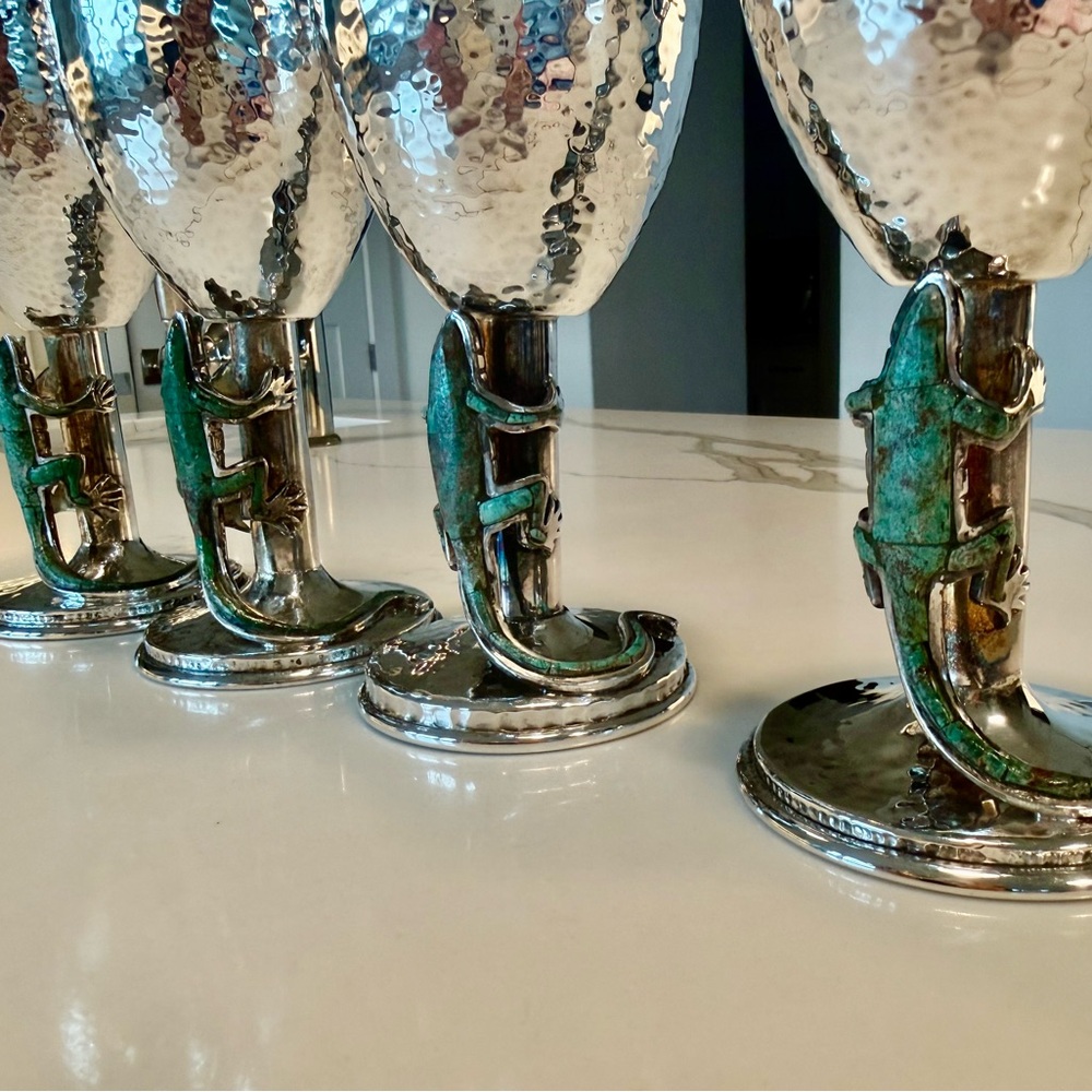 Rare Emilia Castillo Taxco Lizard Goblets Set of 4 Hammered Silver Plate - Picture 5 of 9